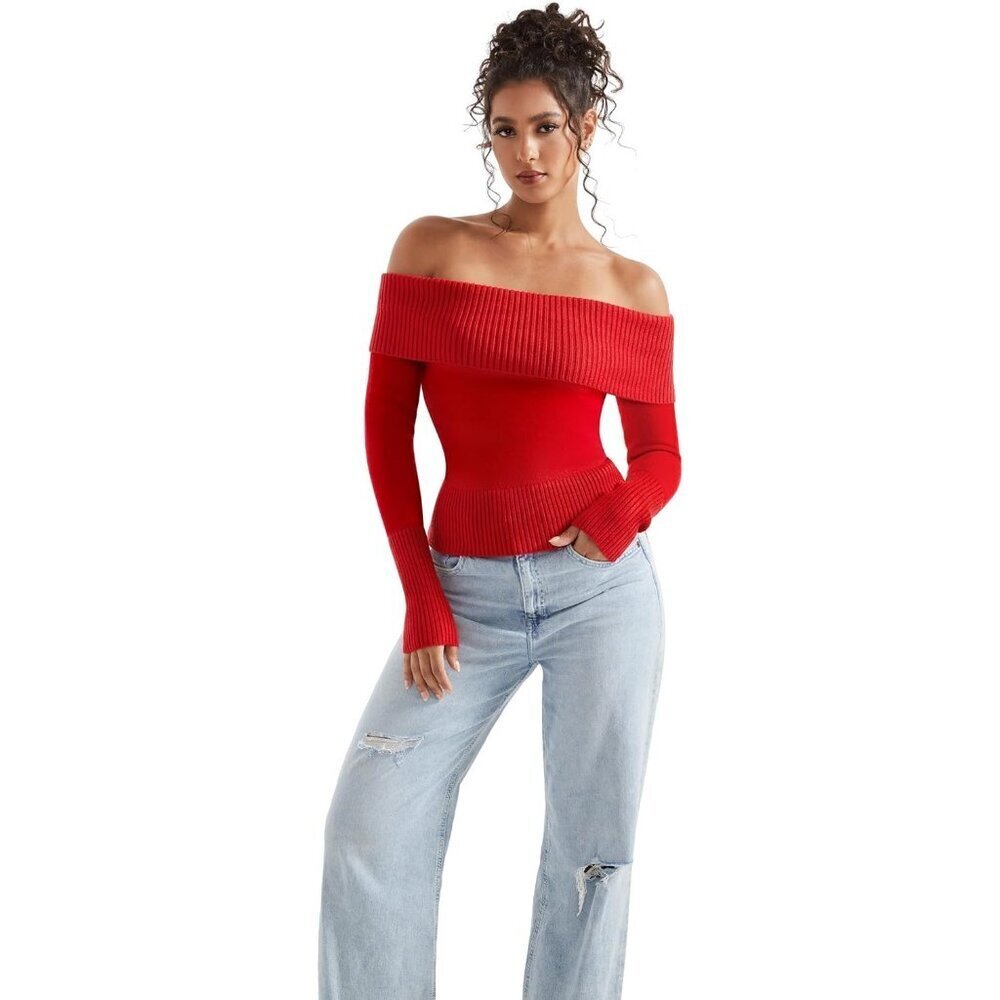 Women Red Brown Off Shoulder Long Sleeve Tops Blouse Sweaters - Picture 6 of 6